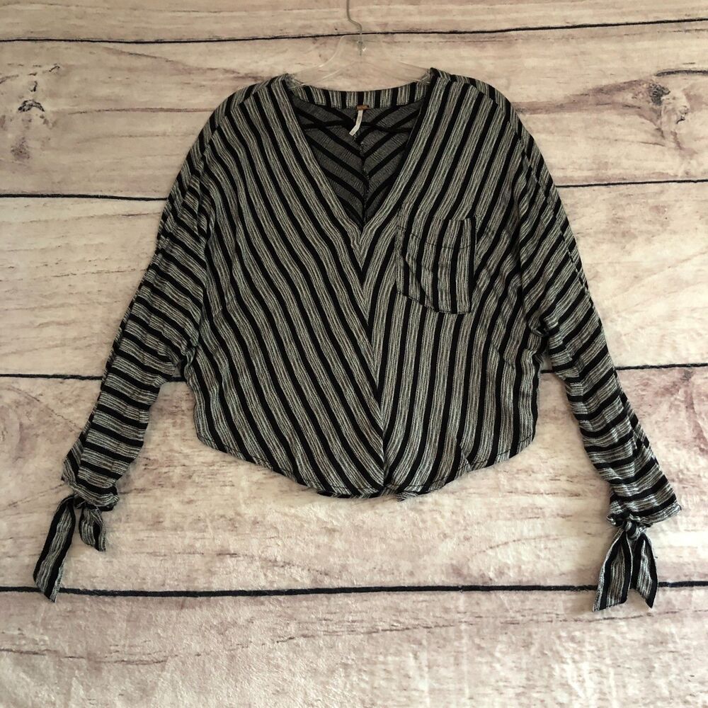 Free People Top XS Black Gray Morning Stripe Crop V Neck Dolman Tie Sleeve Rayon